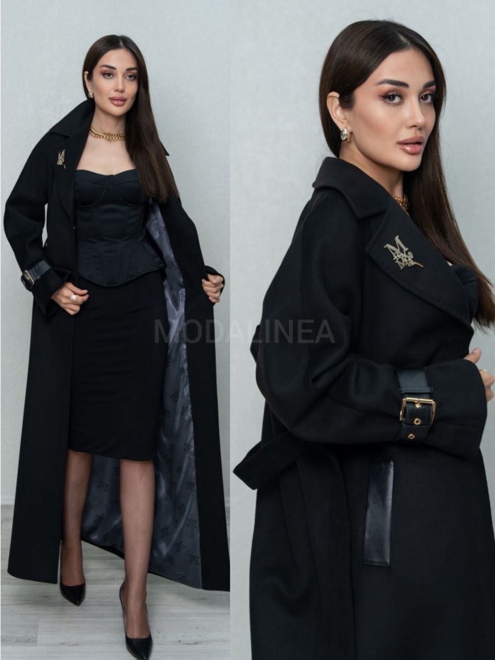 MaxMara Black Long Belted Trench Coat with Gold Emblem
